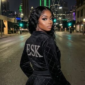ESK Diamond-Quilted Rhinestone Tracksuit.