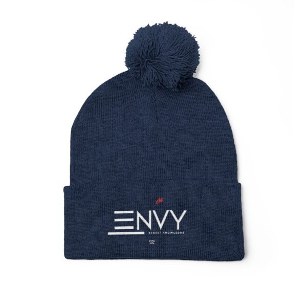Embroidered Pom-Pom Knit Beanie — 'ENVY' Logo Winter Hat
