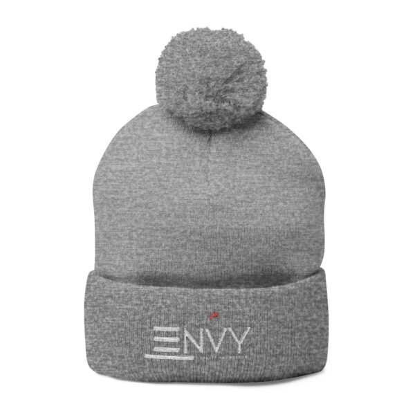 Embroidered Pom-Pom Knit Beanie — 'ENVY' Logo Winter Hat
