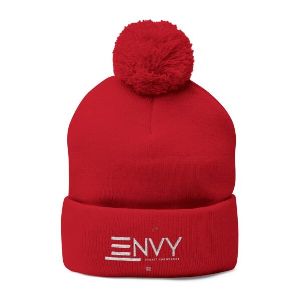Embroidered Pom-Pom Knit Beanie — 'ENVY' Logo Winter Hat
