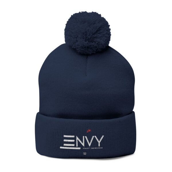 Embroidered Pom-Pom Knit Beanie — 'ENVY' Logo Winter Hat