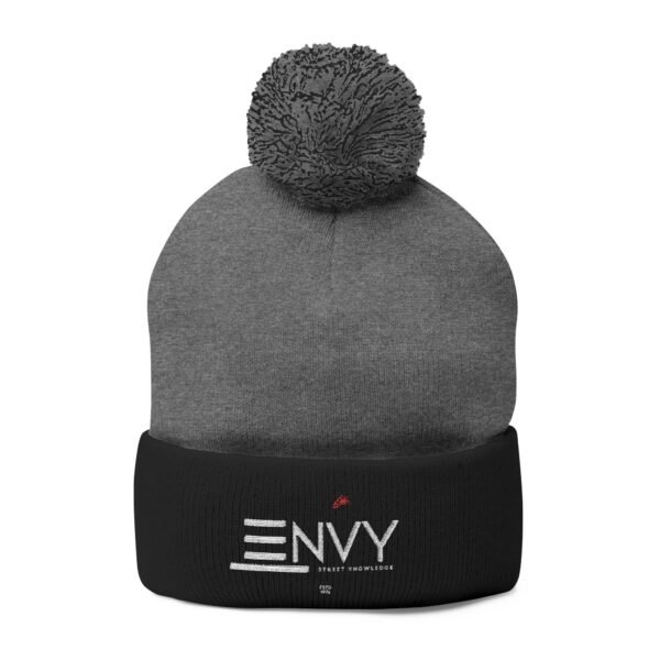 Embroidered Pom-Pom Knit Beanie — 'ENVY' Logo Winter Hat