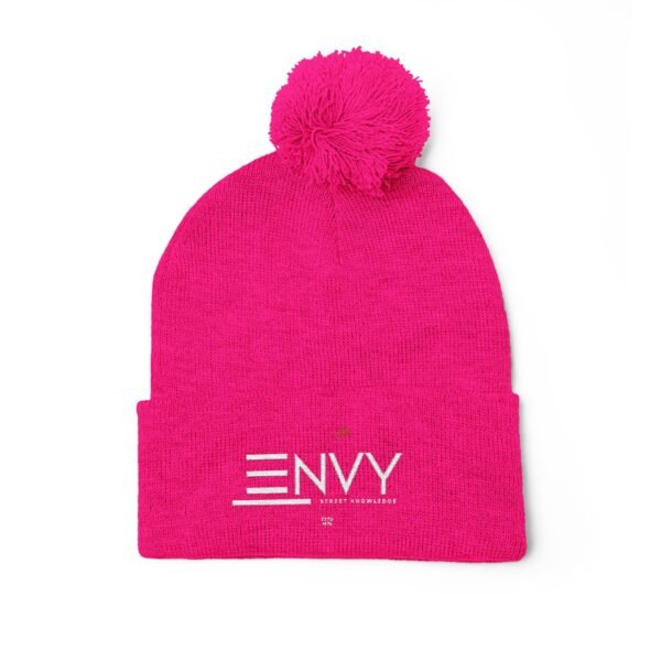 Embroidered Pom-Pom Knit Beanie — 'ENVY' Logo Winter Hat
